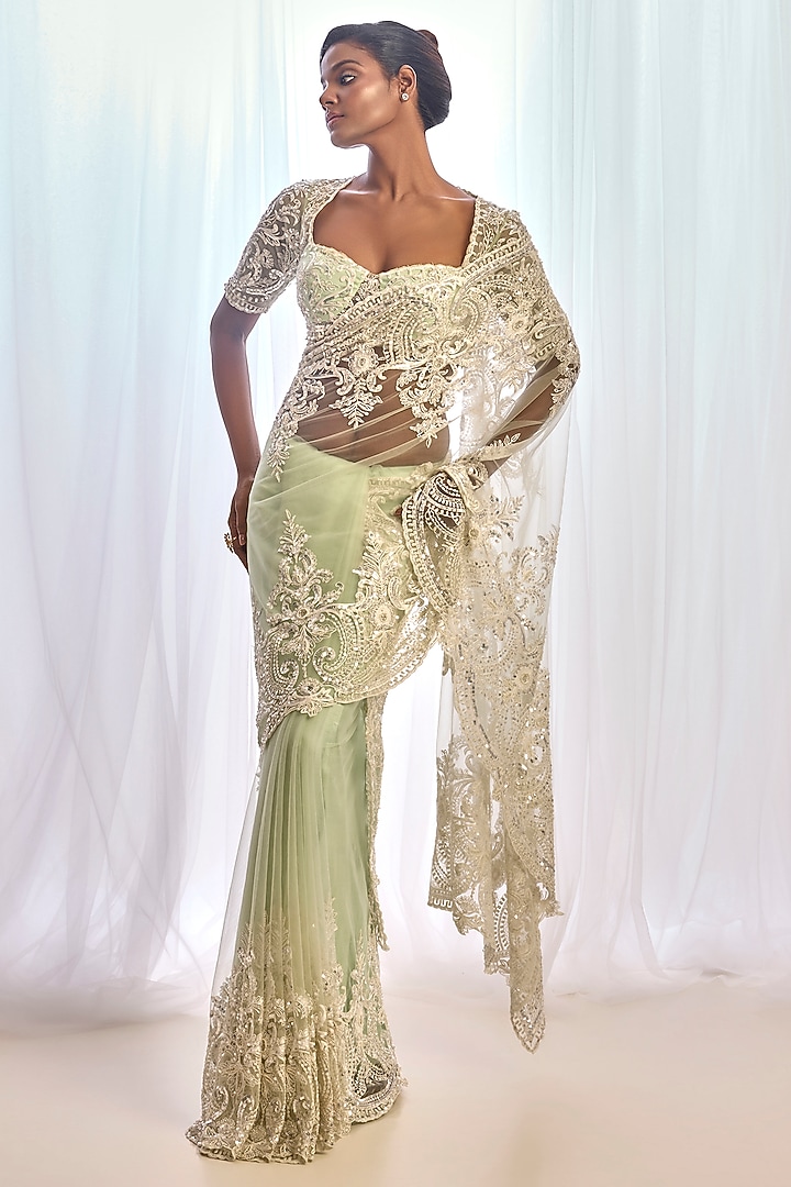 Mint Green Tulle Thread Work Bridal Saree Set by Cherie D at Pernia's Pop Up Shop