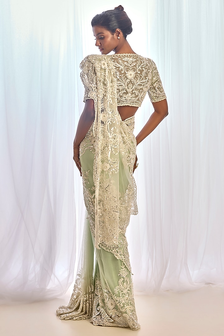 Mint Green Tulle Thread Work Bridal Saree Set by Cherie D at Pernia's Pop Up Shop