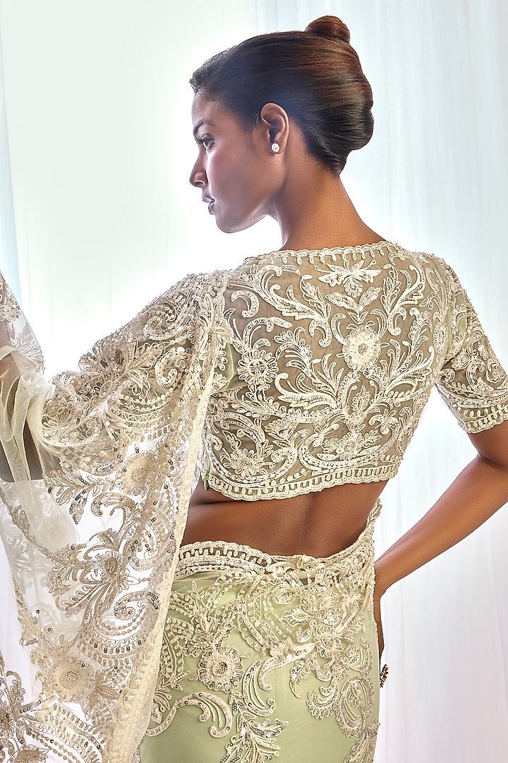 Mint Green Tulle Thread Work Bridal Saree Set by Cherie D at Pernia's Pop Up Shop