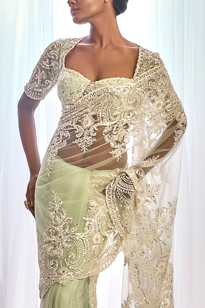 Mint Green Tulle Thread Work Bridal Saree Set by Cherie D at Pernia's Pop Up Shop