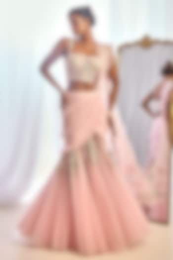 Baby Pink Tulle Floral Embroidered Concept Bridal Saree Set by Cherie D at Pernia's Pop Up Shop