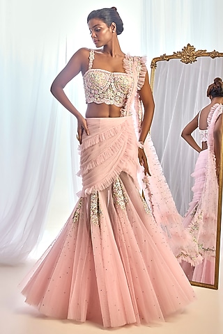 Baby Pink Tulle Floral Embroidered Concept Saree Set by Cherie D