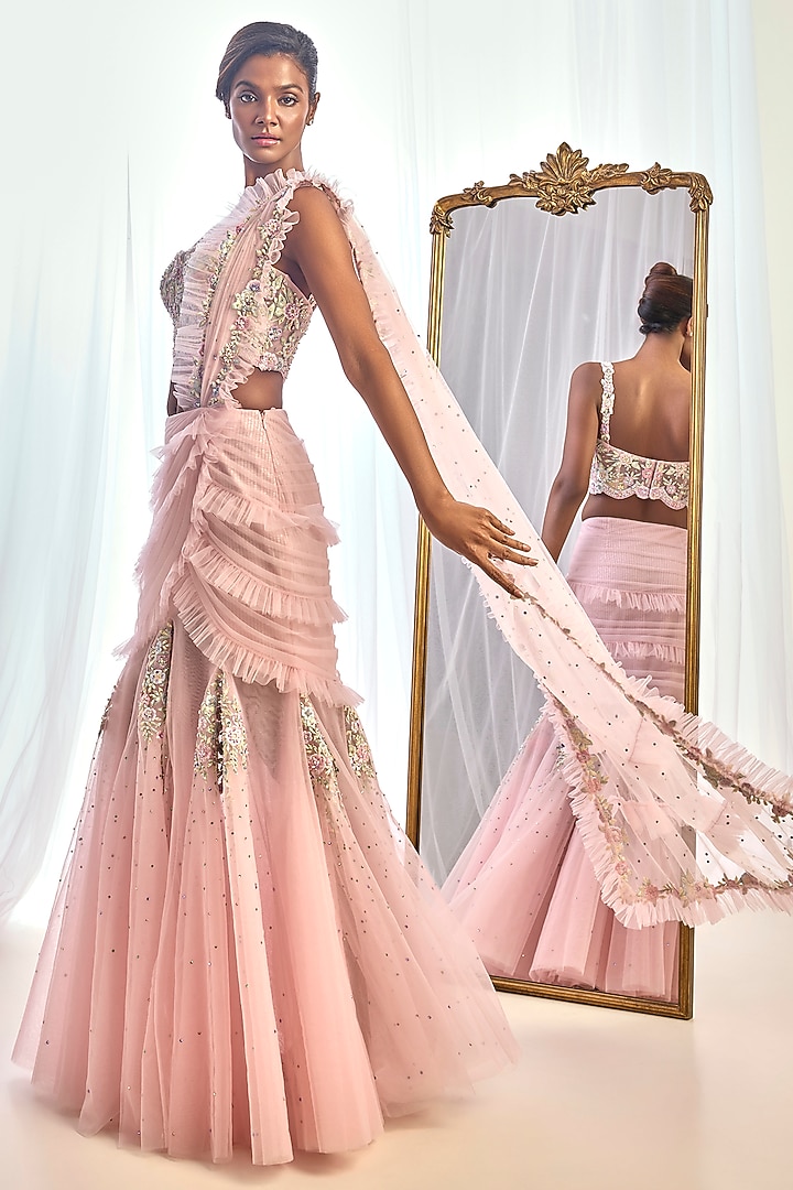 Baby Pink Tulle Floral Embroidered Concept Bridal Saree Set by Cherie D at Pernia's Pop Up Shop