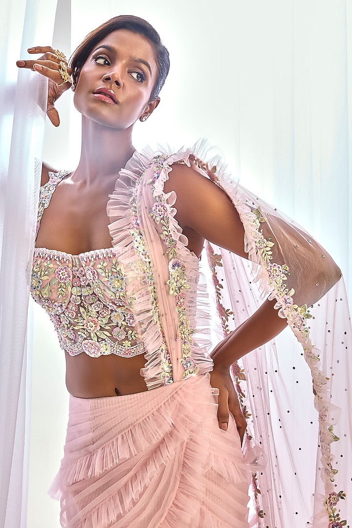 Baby Pink Tulle Floral Embroidered Concept Bridal Saree Set by Cherie D at Pernia's Pop Up Shop