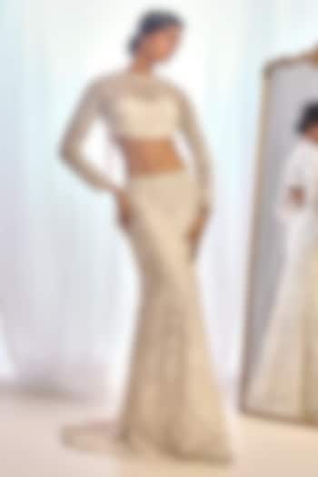 Ivory Tulle 3D Floral Embroidered Bridal Saree Set by Cherie D at Pernia's Pop Up Shop