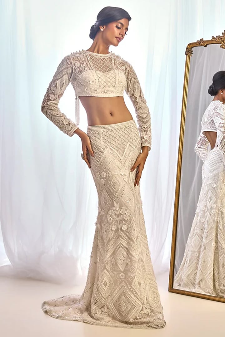 Ivory Tulle 3D Floral Embroidered Bridal Saree Set by Cherie D at Pernia's Pop Up Shop
