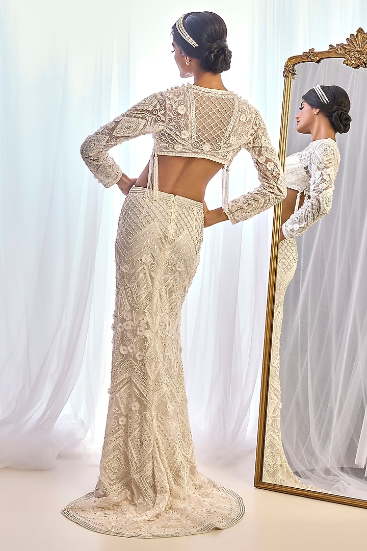 Ivory Tulle 3D Floral Embroidered Bridal Saree Set by Cherie D at Pernia's Pop Up Shop