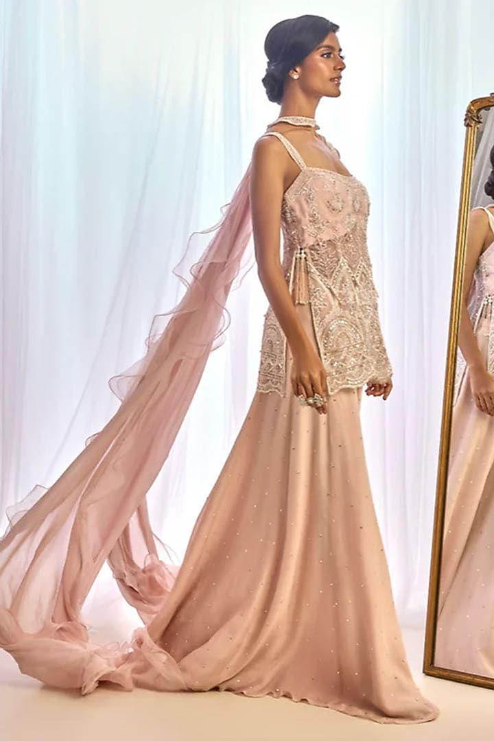 Pink Flat Chiffon Bridal Sharara Set by Cherie D at Pernia's Pop Up Shop
