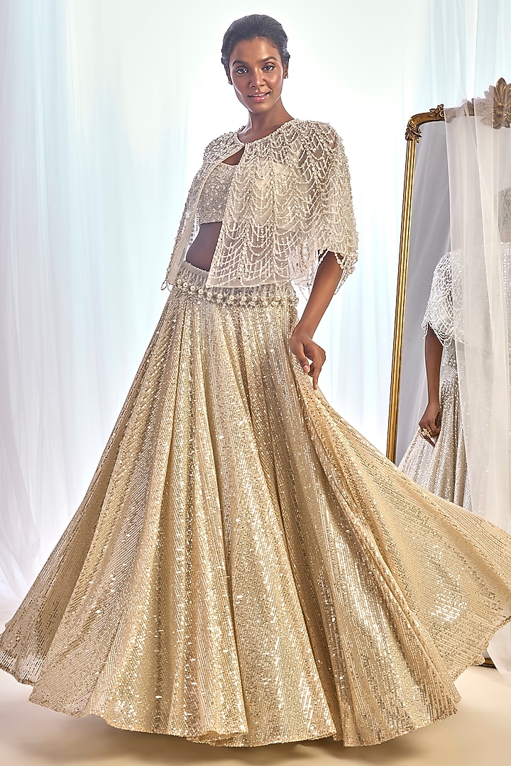 Champagne Sequins Jacket Bridal Lehenga Set by Cherie D at Pernia's Pop Up Shop