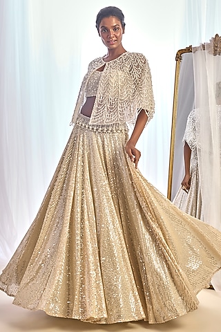 Champagne Sequins Jacket Lehenga Set by Cherie D