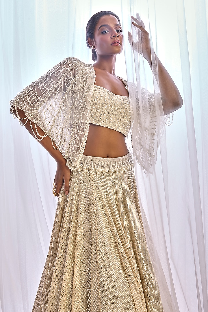 Champagne Sequins Jacket Bridal Lehenga Set by Cherie D at Pernia's Pop Up Shop