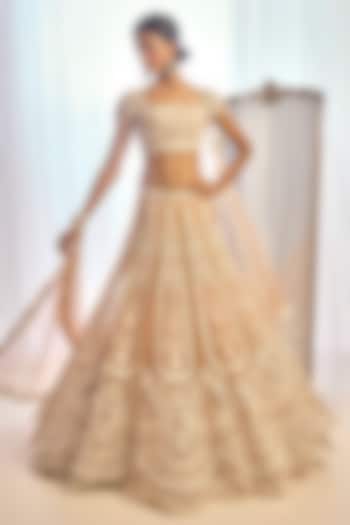 Nude Tulle Pearl Embroidered Bridal Lehenga Set by Cherie D at Pernia's Pop Up Shop