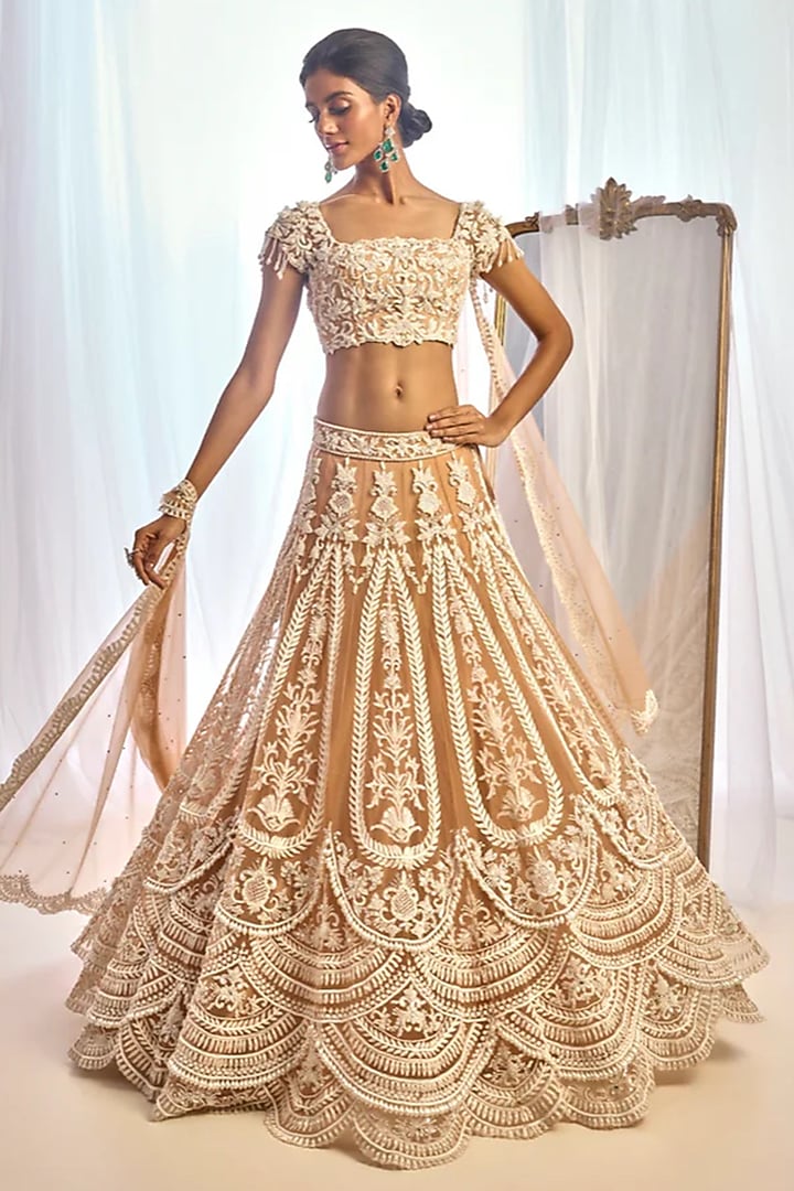 Nude Tulle Pearl Embroidered Bridal Lehenga Set by Cherie D at Pernia's Pop Up Shop