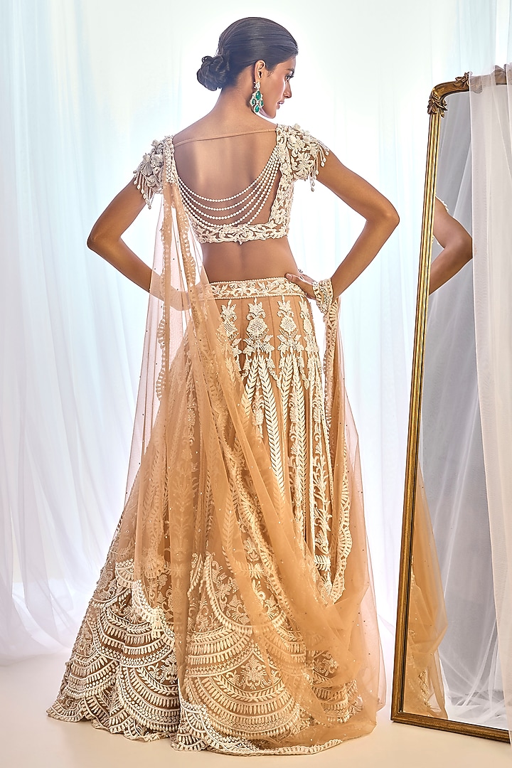Nude Tulle Pearl Embroidered Bridal Lehenga Set by Cherie D at Pernia's Pop Up Shop