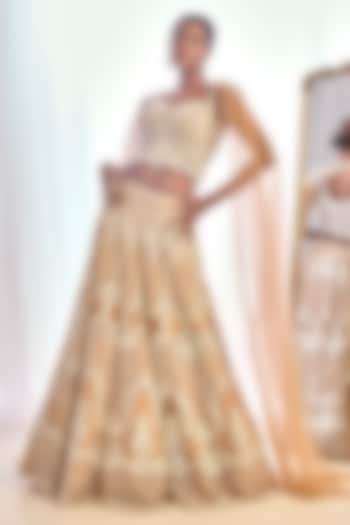 Nude Tulle Crystal Embroidered Jacket Bridal Lehenga Set by Cherie D at Pernia's Pop Up Shop