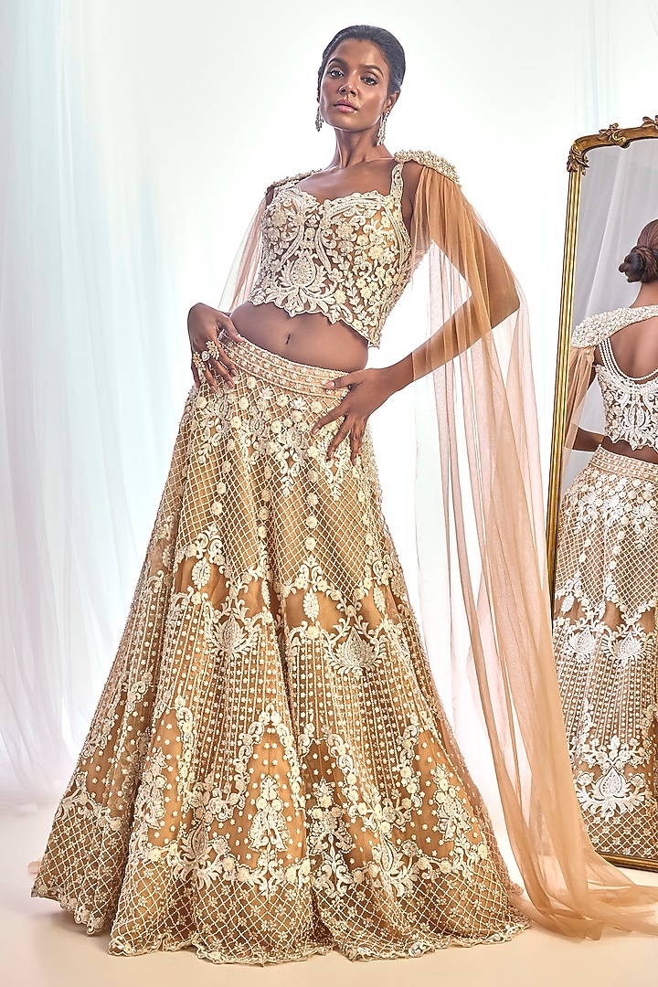 Nude Tulle Crystal Embroidered Jacket Bridal Lehenga Set by Cherie D at Pernia's Pop Up Shop