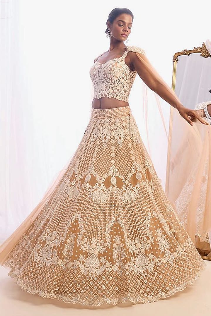 Nude Tulle Crystal Embroidered Jacket Bridal Lehenga Set by Cherie D at Pernia's Pop Up Shop