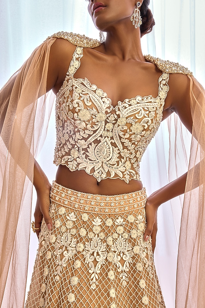 Nude Tulle Crystal Embroidered Jacket Bridal Lehenga Set by Cherie D at Pernia's Pop Up Shop
