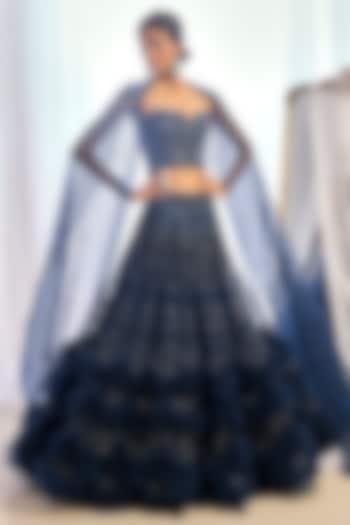 French Navy Blue Tulle Sequins Work Bridal Lehenga Set by Cherie D at Pernia's Pop Up Shop