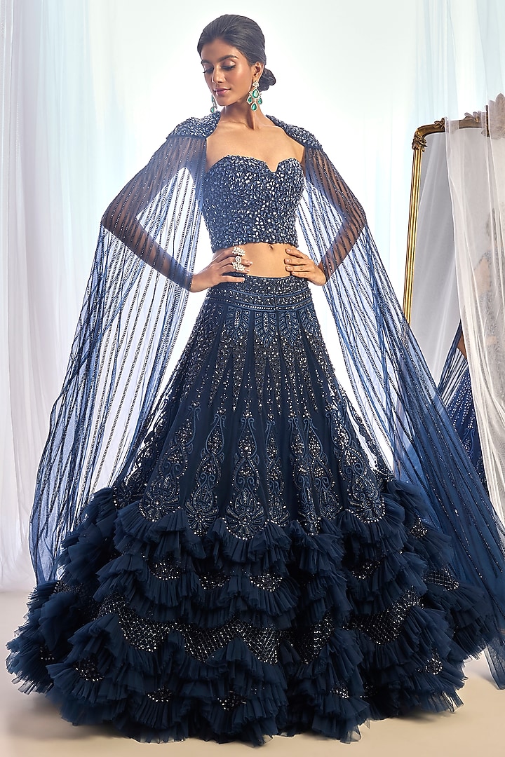 French Navy Blue Tulle Sequins Work Bridal Lehenga Set by Cherie D at Pernia's Pop Up Shop