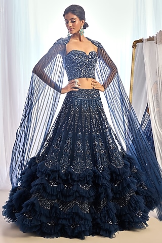French Navy Blue Tulle Sequins Work Lehenga Set by Cherie D
