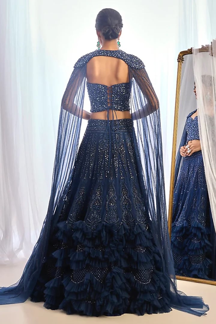 French Navy Blue Tulle Sequins Work Bridal Lehenga Set by Cherie D at Pernia's Pop Up Shop