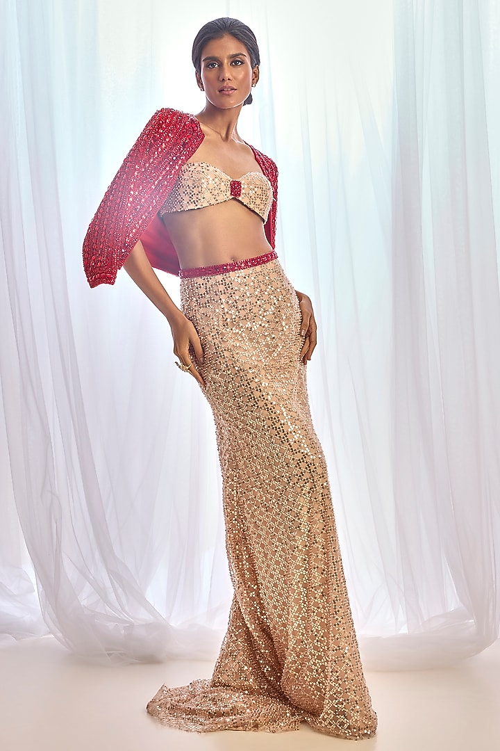 Peach-Nude Tulle Beaded Skirt Set by Cherie D at Pernia's Pop Up Shop