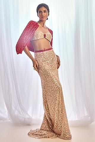 Peach-Nude Tulle Beaded Skirt Set by Cherie D