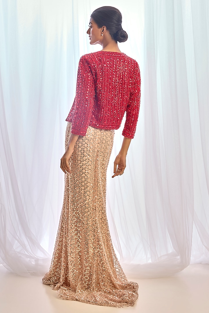 Peach-Nude Tulle Beaded Skirt Set by Cherie D at Pernia's Pop Up Shop