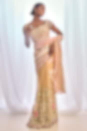 Nude Tulle Floral Embroidered Bridal Saree Set by Cherie D at Pernia's Pop Up Shop