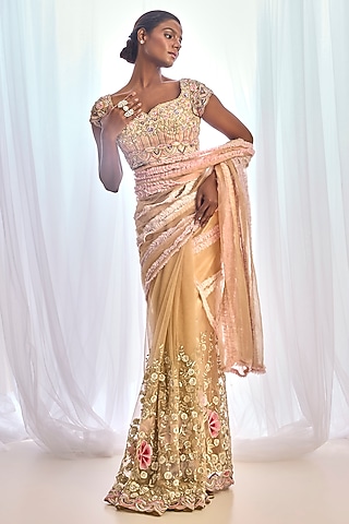 Nude Tulle Floral Embroidered Saree Set by Cherie D
