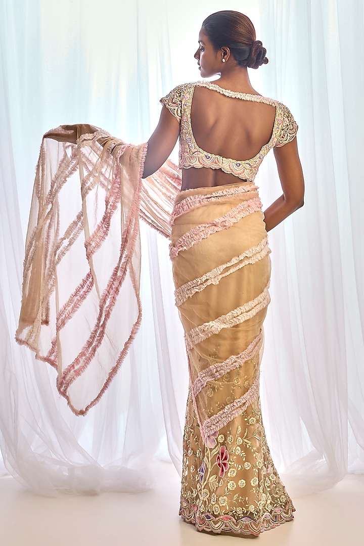 Nude Tulle Floral Embroidered Bridal Saree Set by Cherie D at Pernia's Pop Up Shop