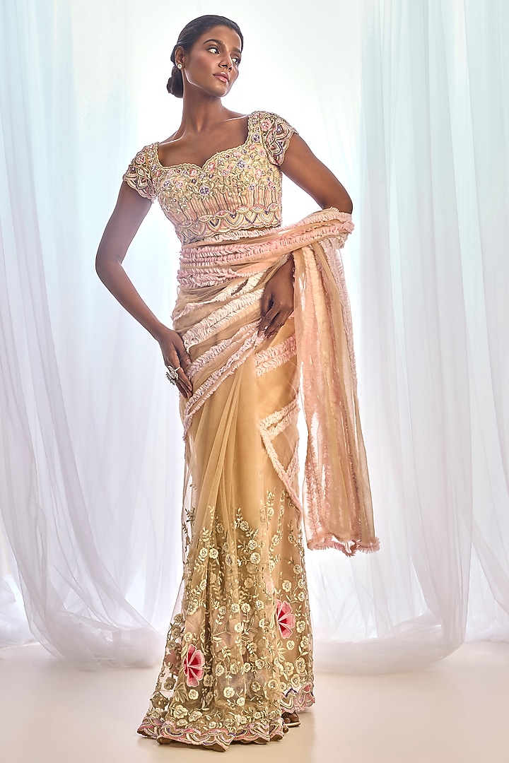 Nude Tulle Floral Embroidered Bridal Saree Set by Cherie D at Pernia's Pop Up Shop