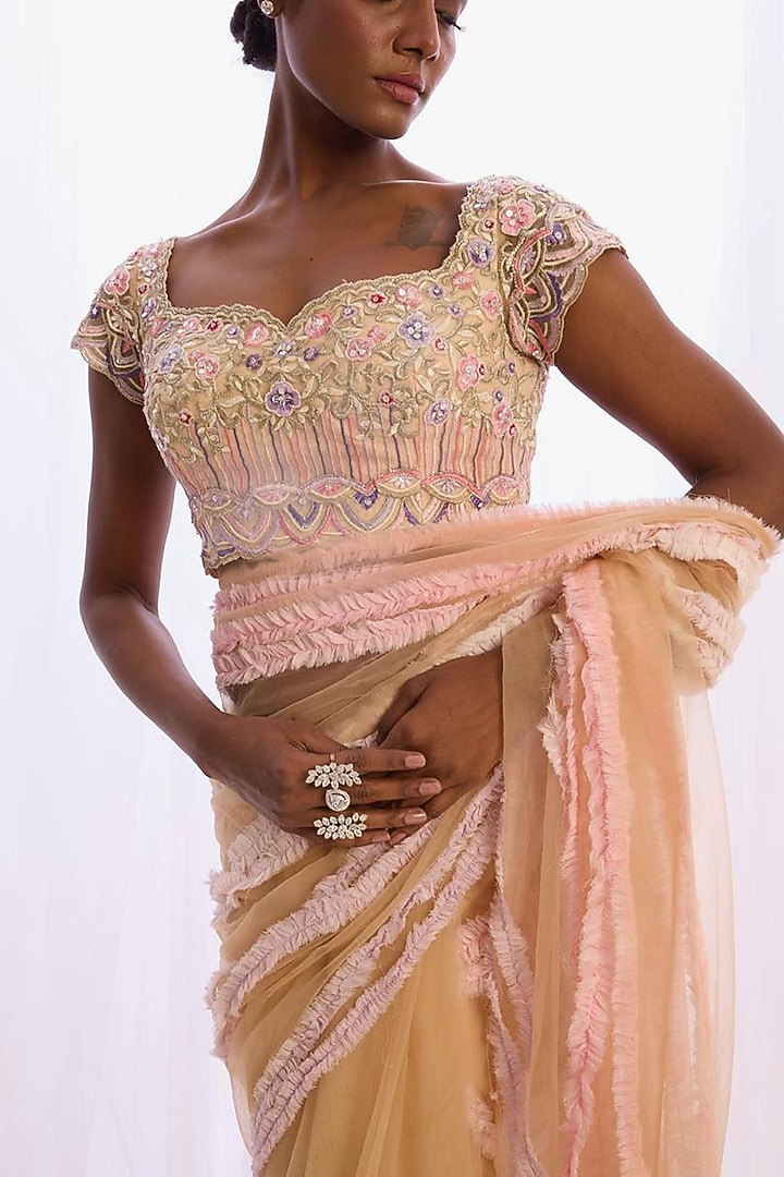 Nude Tulle Floral Embroidered Bridal Saree Set by Cherie D at Pernia's Pop Up Shop
