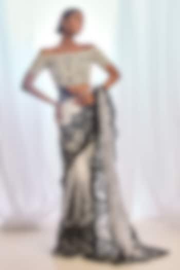 White Tulle Thread Embroidered Bridal Saree Set by Cherie D at Pernia's Pop Up Shop
