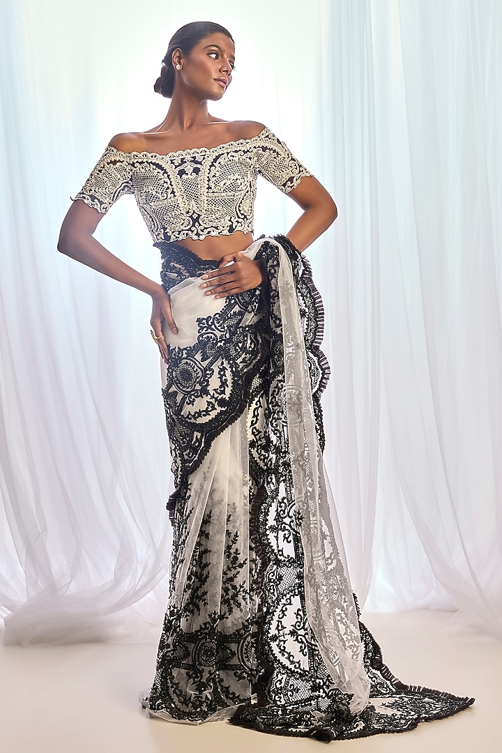 White Tulle Thread Embroidered Bridal Saree Set by Cherie D at Pernia's Pop Up Shop
