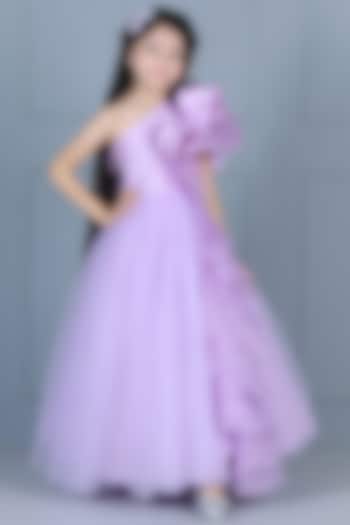 Lilac Net Ruffled Off-Shoulder Gown For Girls by The Little celebs