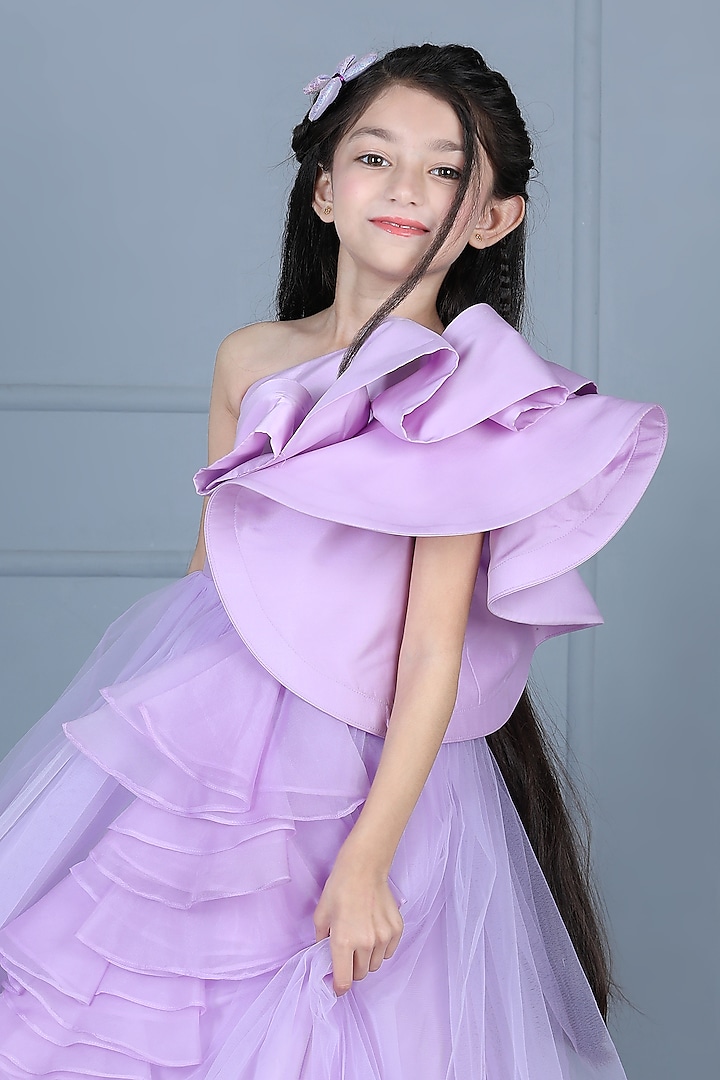 Lilac Net Ruffled Off-Shoulder Gown For Girls by The Little celebs at Pernia's Pop Up Shop