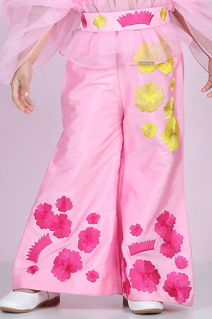 Light Pink Silk Embroidered Pant Set For Girls by The Little celebs at Pernia's Pop Up Shop