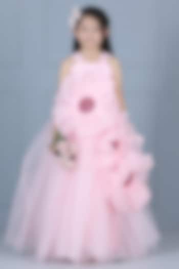 Light Pink Net Flared Dress For Girls by The Little celebs