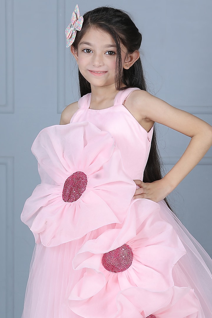 Light Pink Net Flared Dress For Girls by The Little celebs at Pernia's Pop Up Shop
