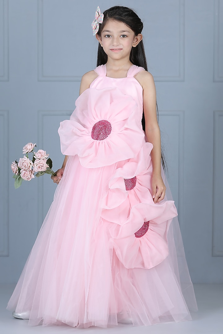 Light Pink Net Flared Dress For Girls by The Little celebs at Pernia's Pop Up Shop