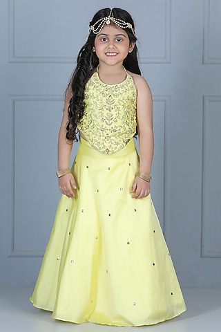 Yellow Silk Lehenga Set For Girls by The Little celebs