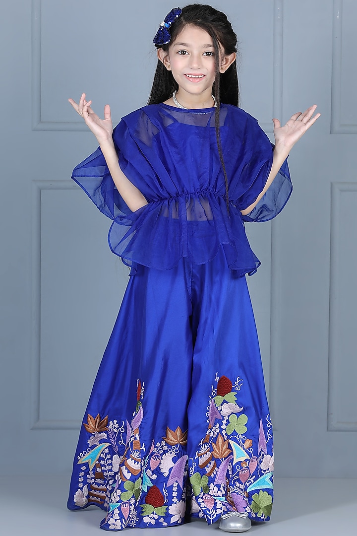 Blue Silk Embroidered Palazzo Pant Set For Girls by The Little celebs