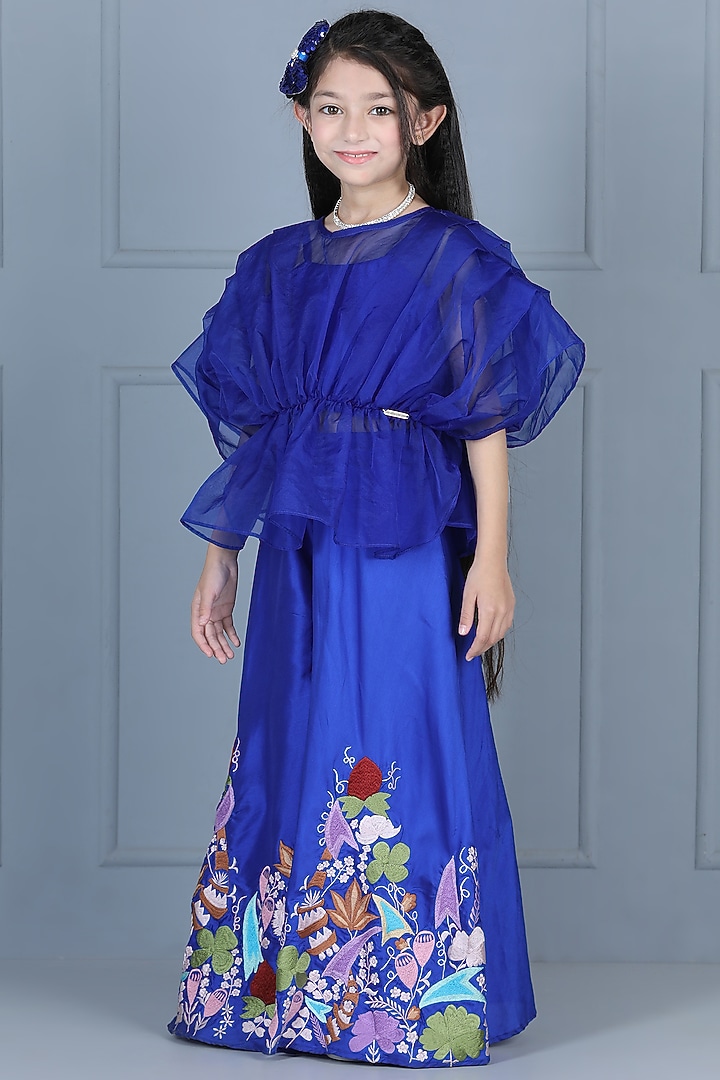 Blue Silk Embroidered Palazzo Pant Set For Girls by The Little celebs at Pernia's Pop Up Shop