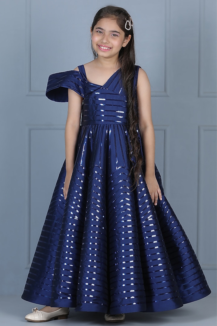 Blue Silk Embellished Gown For Girls by The Little celebs at Pernia's Pop Up Shop