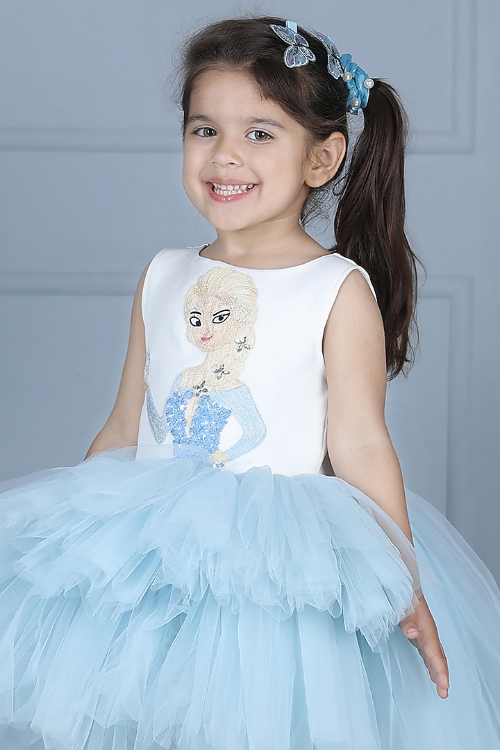 White Imported Crepe & Net Embroidered Dress For Girls by The Little celebs at Pernia's Pop Up Shop