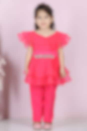 Hot Pink Organza & Silk Pant Set For Girls by The Little celebs