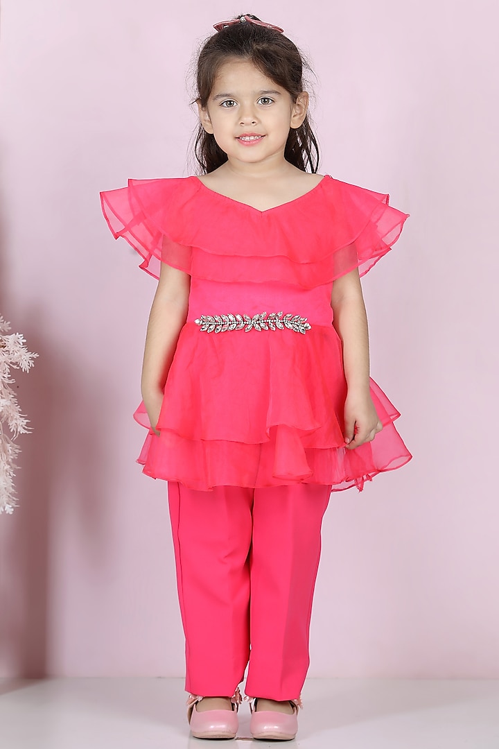 Hot Pink Organza & Silk Pant Set For Girls by The Little celebs