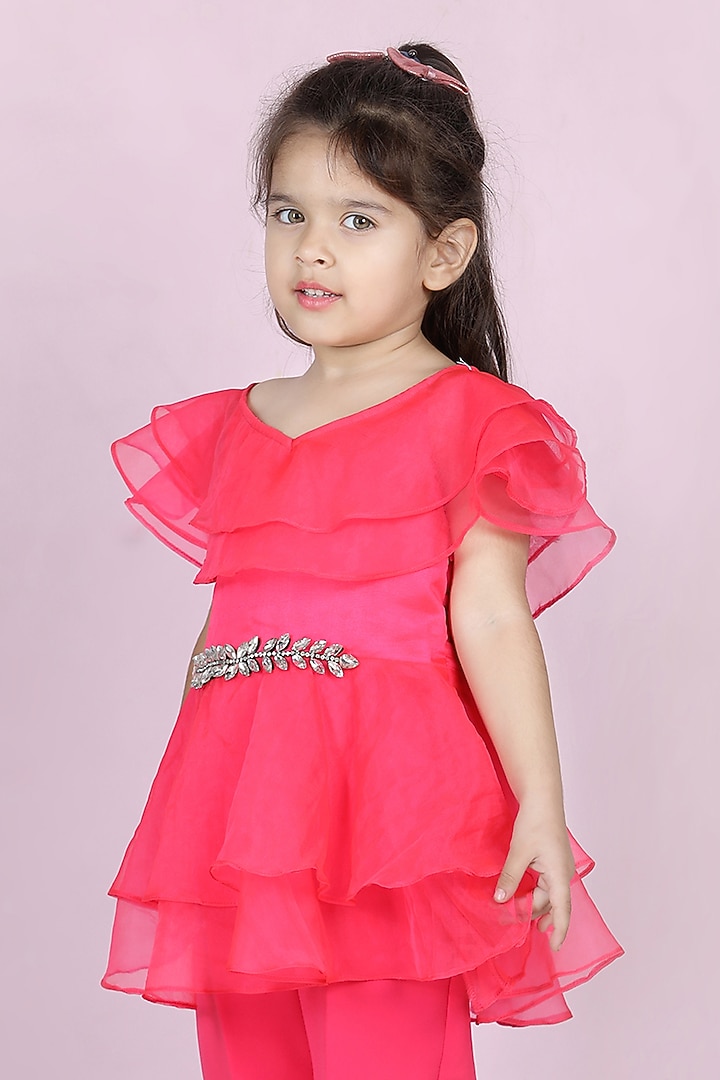 Hot Pink Organza & Silk Pant Set For Girls by The Little celebs at Pernia's Pop Up Shop
